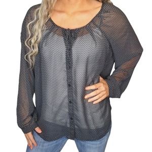 Old Navy Blouse Womens XL Black White Polka Dot Blouse Sheer Peasant Button Down